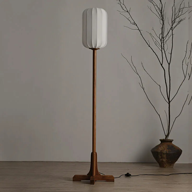 Japanese Zen Rosewood Base Silk Lantern Shade 1-Light Standing Floor Lamp