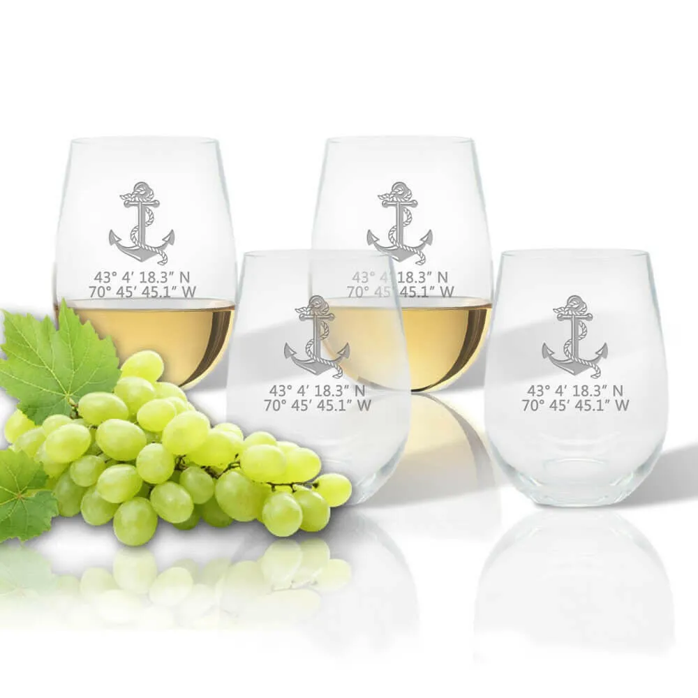 Latitude Longitude Nautical Stemless Wine Glasses, Unbreakable Acrylic, 5 Coastal Designs   Latitude & Longitude, Set of 4