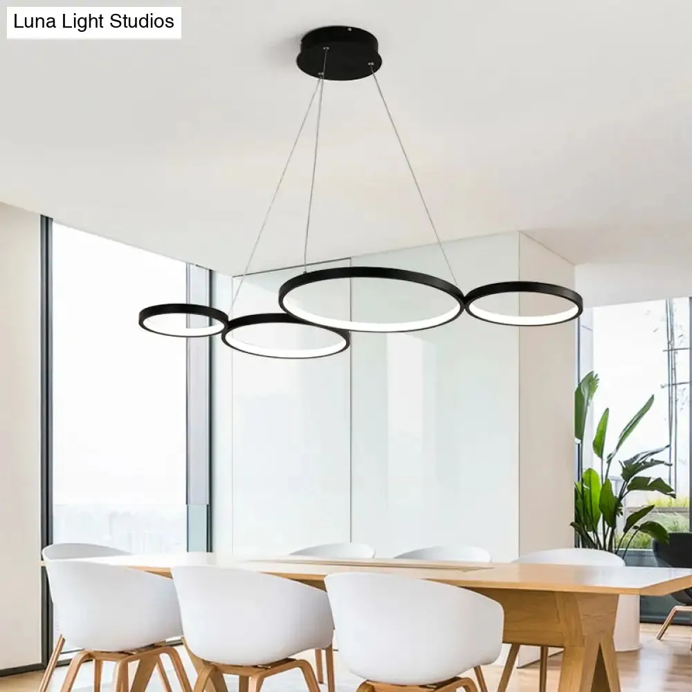 LED Acrylic Ceiling Chandelier with 4 Rings - Black/White Drop Pendant for Table - Warm/White/Natural Light