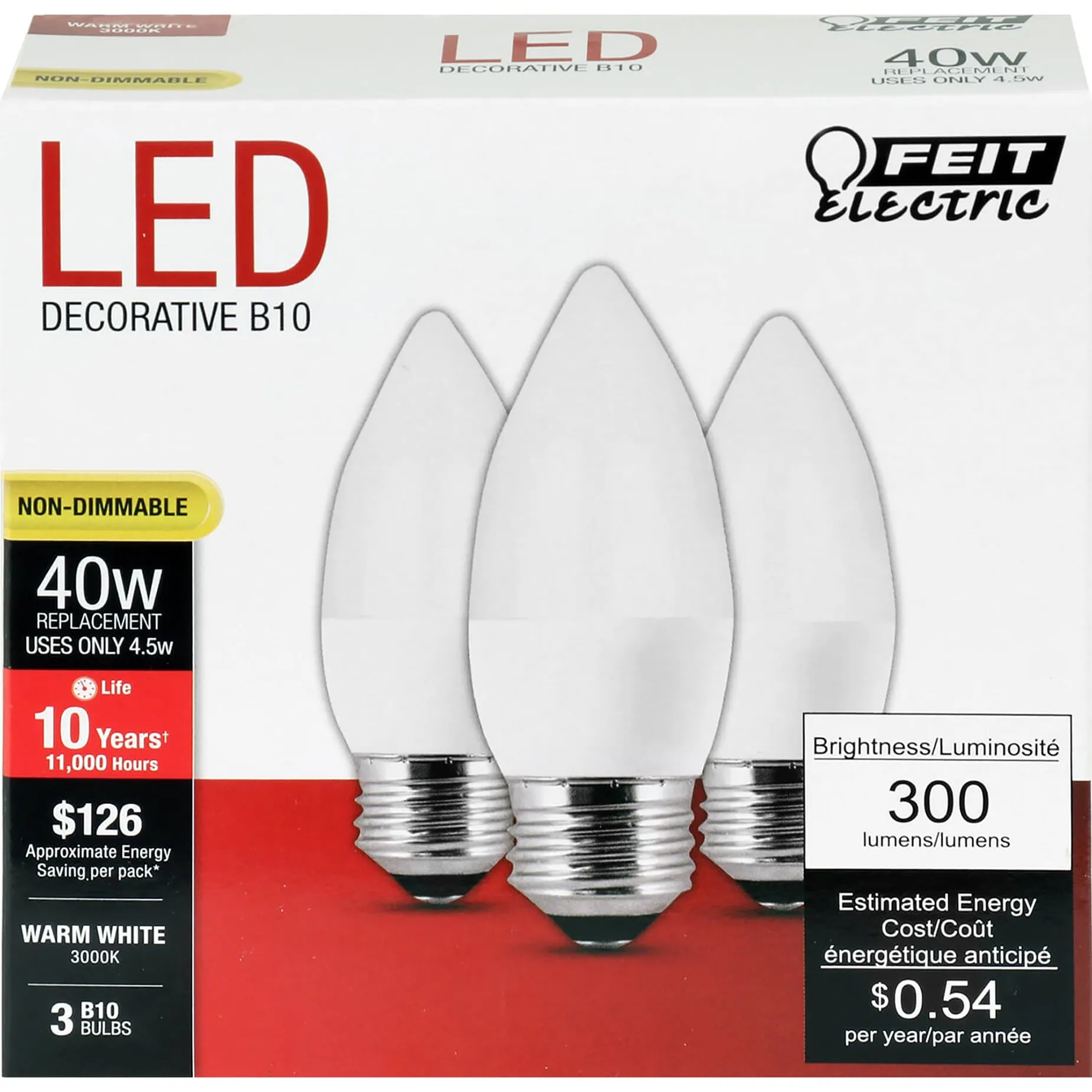 LED Light Bulbs, 4.5 Watts, E12, Torpedo Tip Shape, 300 Lumens, 3000K Non-Dimmable