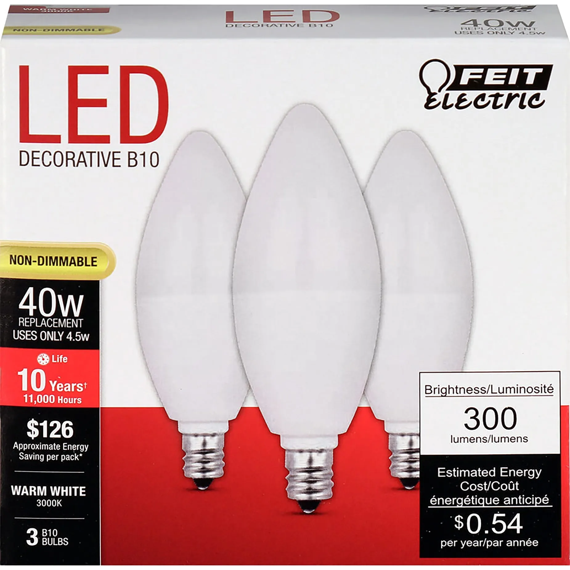 LED Light Bulbs, 4.5 Watts, E12, Torpedo Tip Shape, 300 Lumens, 3000K Non-Dimmable