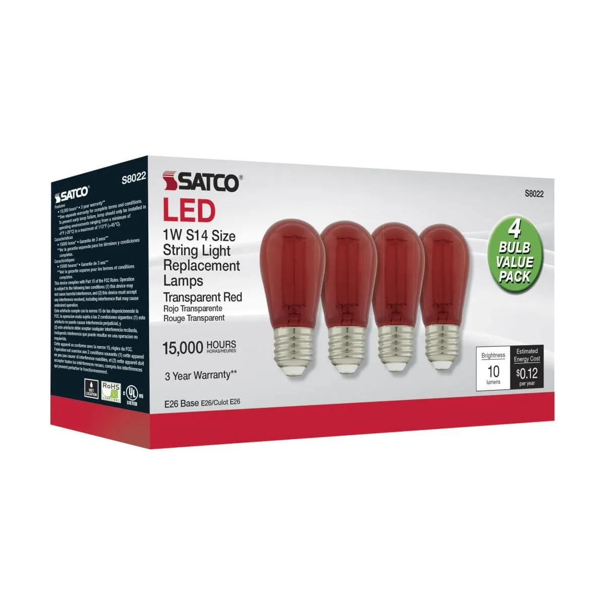 LED Red 1 Watt S14 LED Filament; Glass Bulb; E26 Base; 120 Volt; Non-Dimmable; Pack of 4