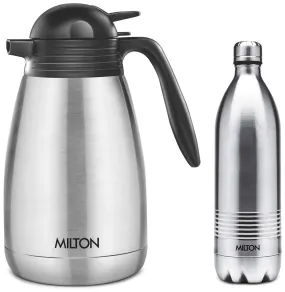 Milton Duo DLX 1000 Thermosteel 24 Hours Hot and Cold Water Bottle, 1 Litre, Silver & Milton Thermosteel Carafe 1500 ML - Steel Plain