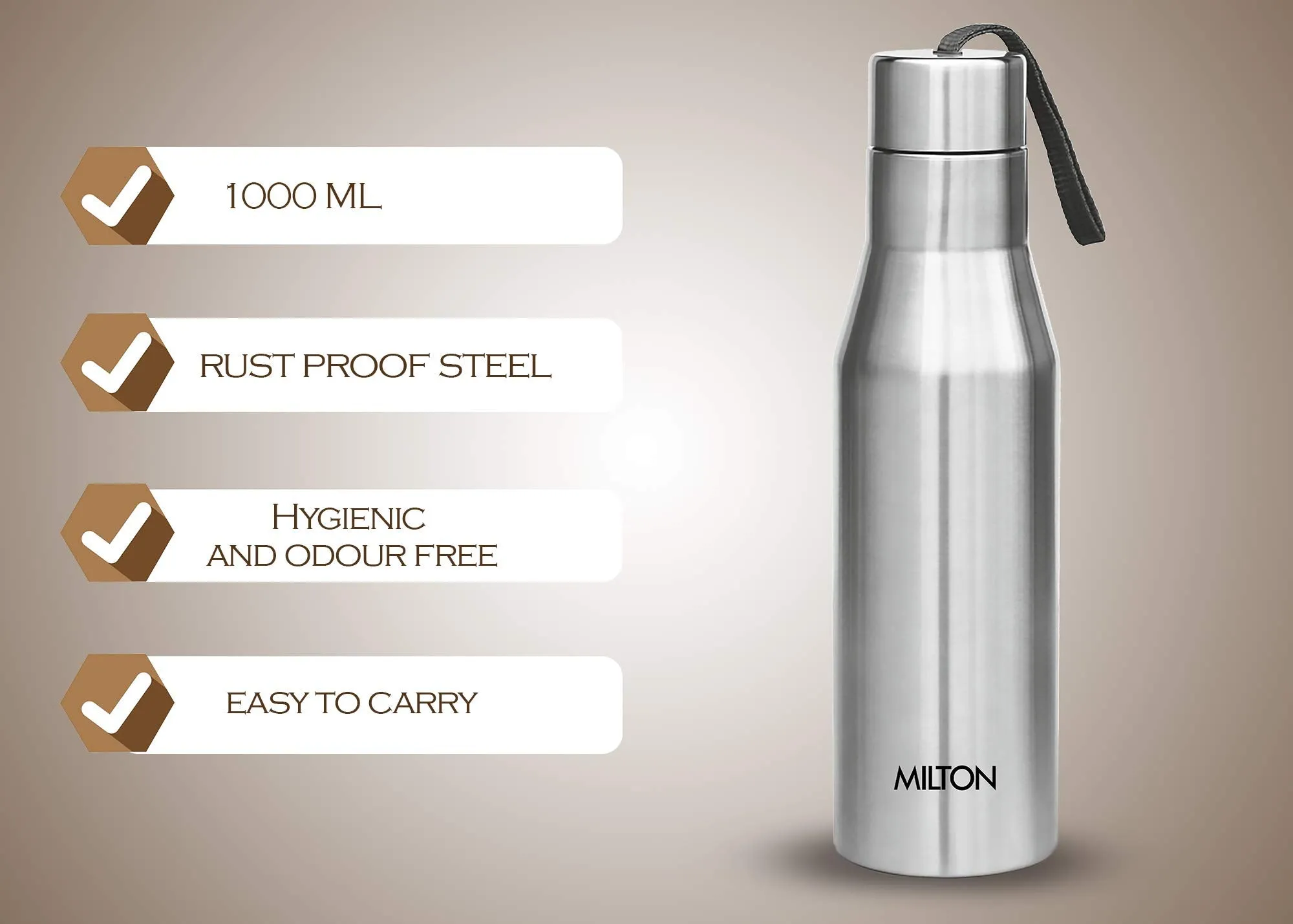 MILTON Thermosteel Carafe - Steel Plain Super 1000 Single Wall Stainless Steel Bottle, 1000 ml, Silver, 1500 ml