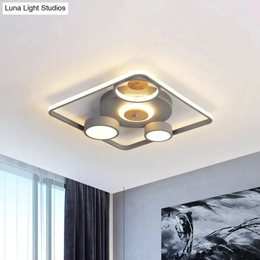 Modern Grey Square LED Ceiling Light with Nordic Iron Finish and Wood Accent