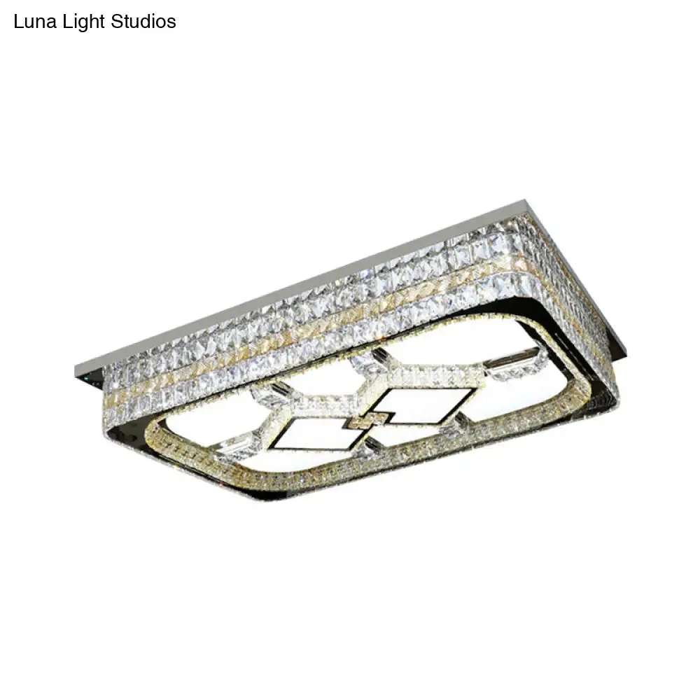 Modern Rectangular Parlor Ceiling Lamp with Clear Crystal Blocks and Stainless-Steel Flush Light Fixture - LED