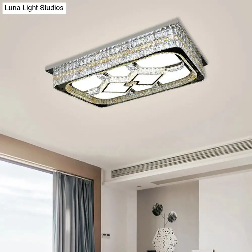 Modern Rectangular Parlor Ceiling Lamp with Clear Crystal Blocks and Stainless-Steel Flush Light Fixture - LED