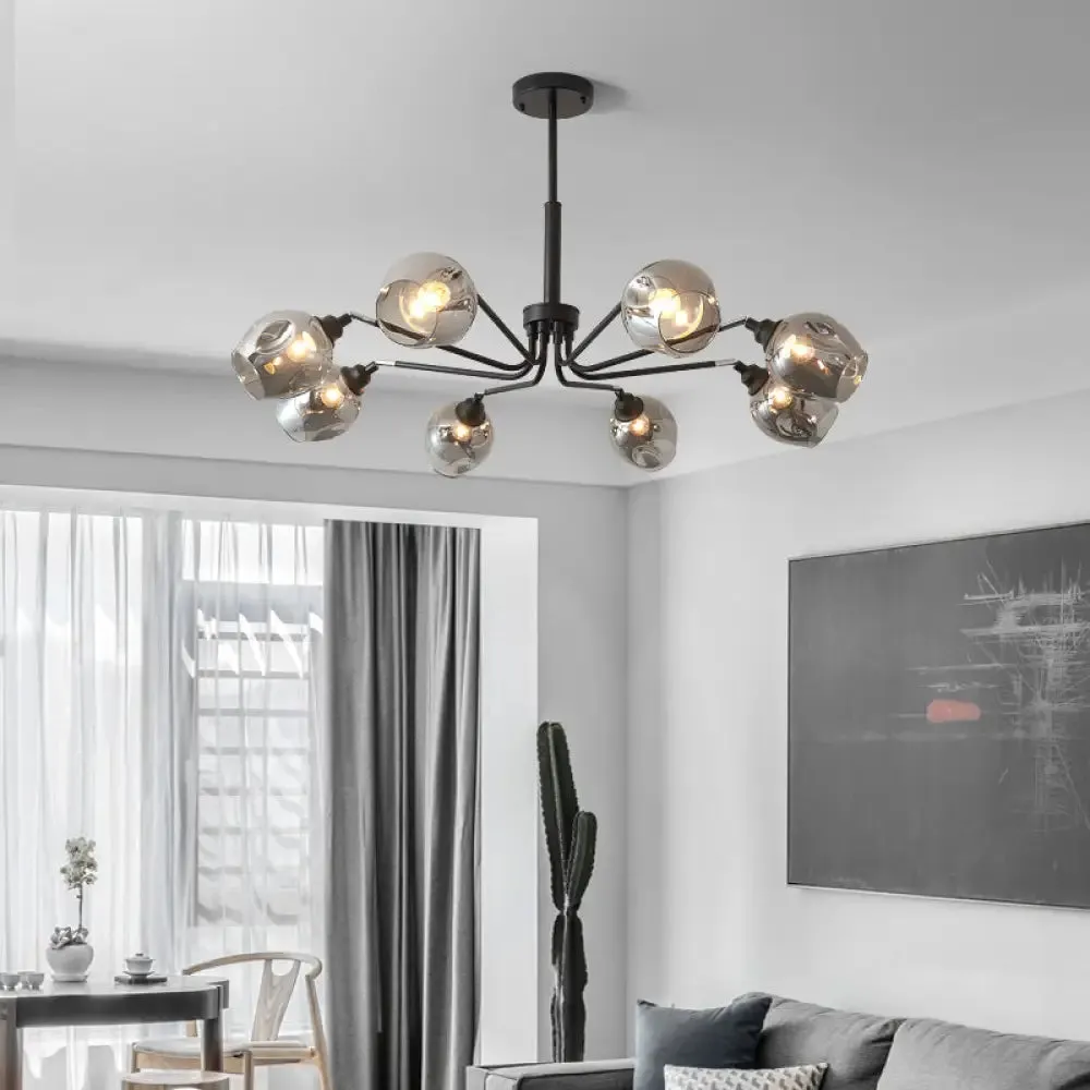 Modernist Cup Shape Chandelier - Smoke Grey Glass with 8 Lights - Black Pendant Lamp for Living Room