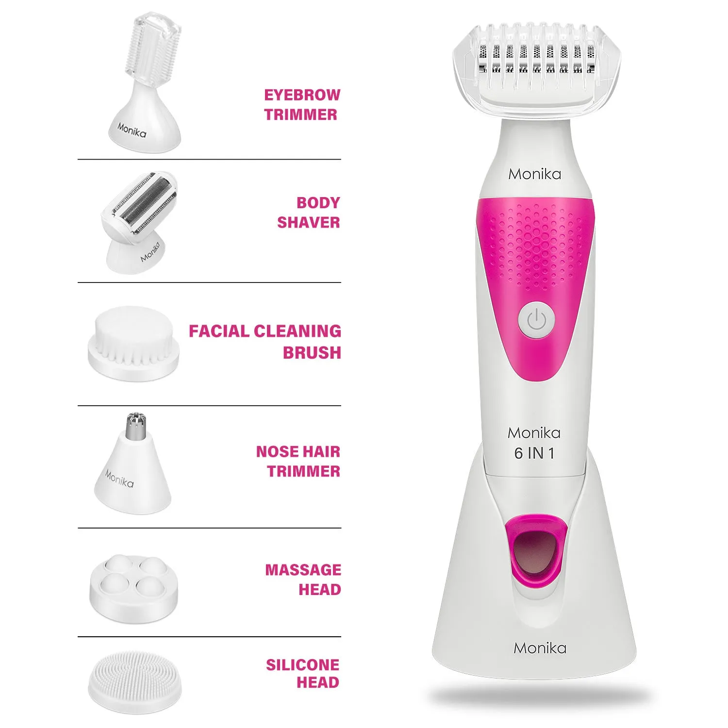 Monika 6-in-1 Electric Lady Shaver, Cordless for Woman Face/Leg/Underarm, Micro USB Portable