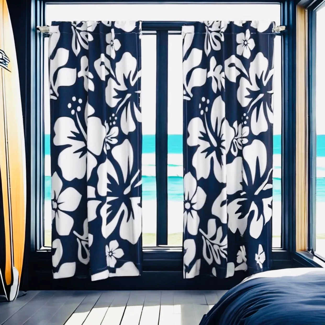 Navy Blue and White Hibiscus and Hawaiian Flowers Duvet Cover -Large Scale