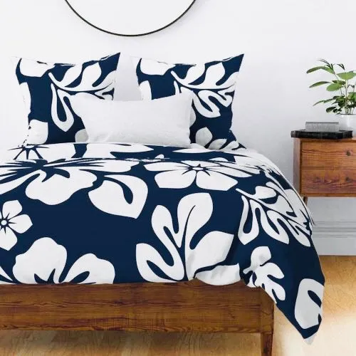 Navy Blue and White Hibiscus and Hawaiian Flowers Duvet Cover -Large Scale