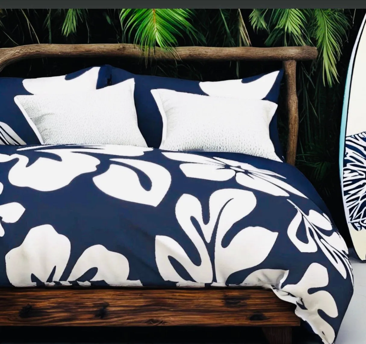 Navy Blue and White Hibiscus and Hawaiian Flowers Duvet Cover -Large Scale