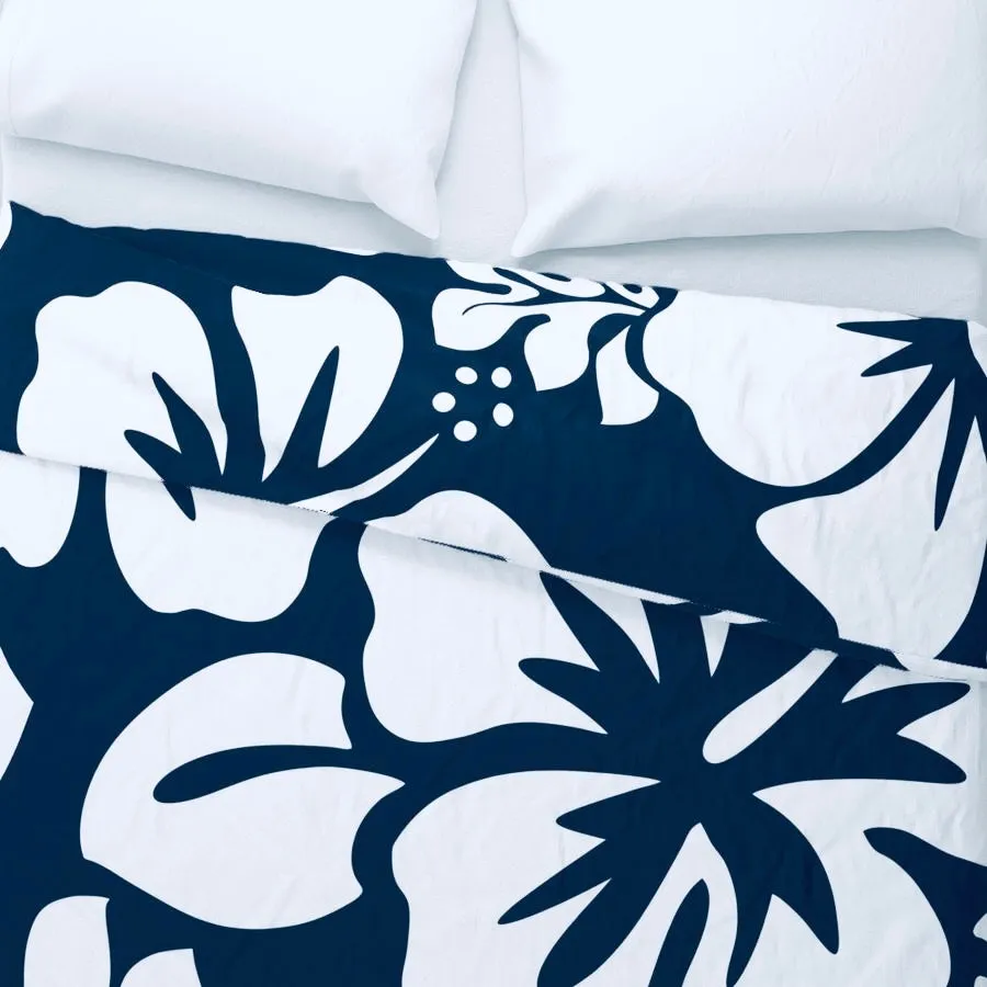 Navy Blue and White Hibiscus and Hawaiian Flowers Duvet Cover -Large Scale