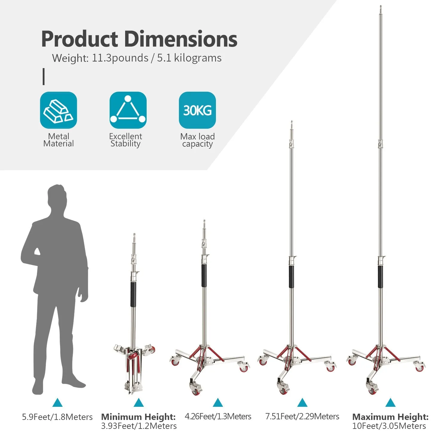 NEEWER 305cm Stainless Steel Heavy Duty Light Stand