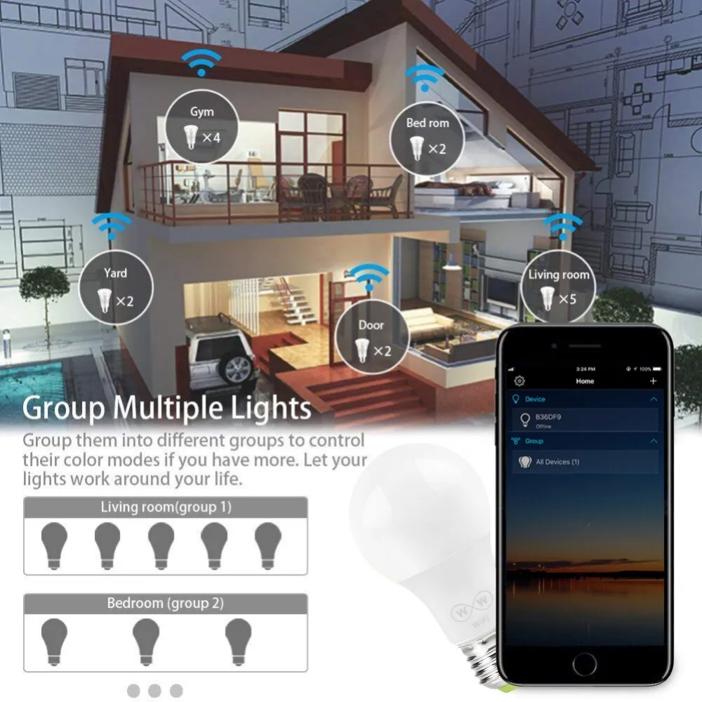 New E27 WiFi Smart LED Light Bulbs Intellegent App Remote Control Bulbs Walk-up Warn Lighting Work With Alexa Google Assistant