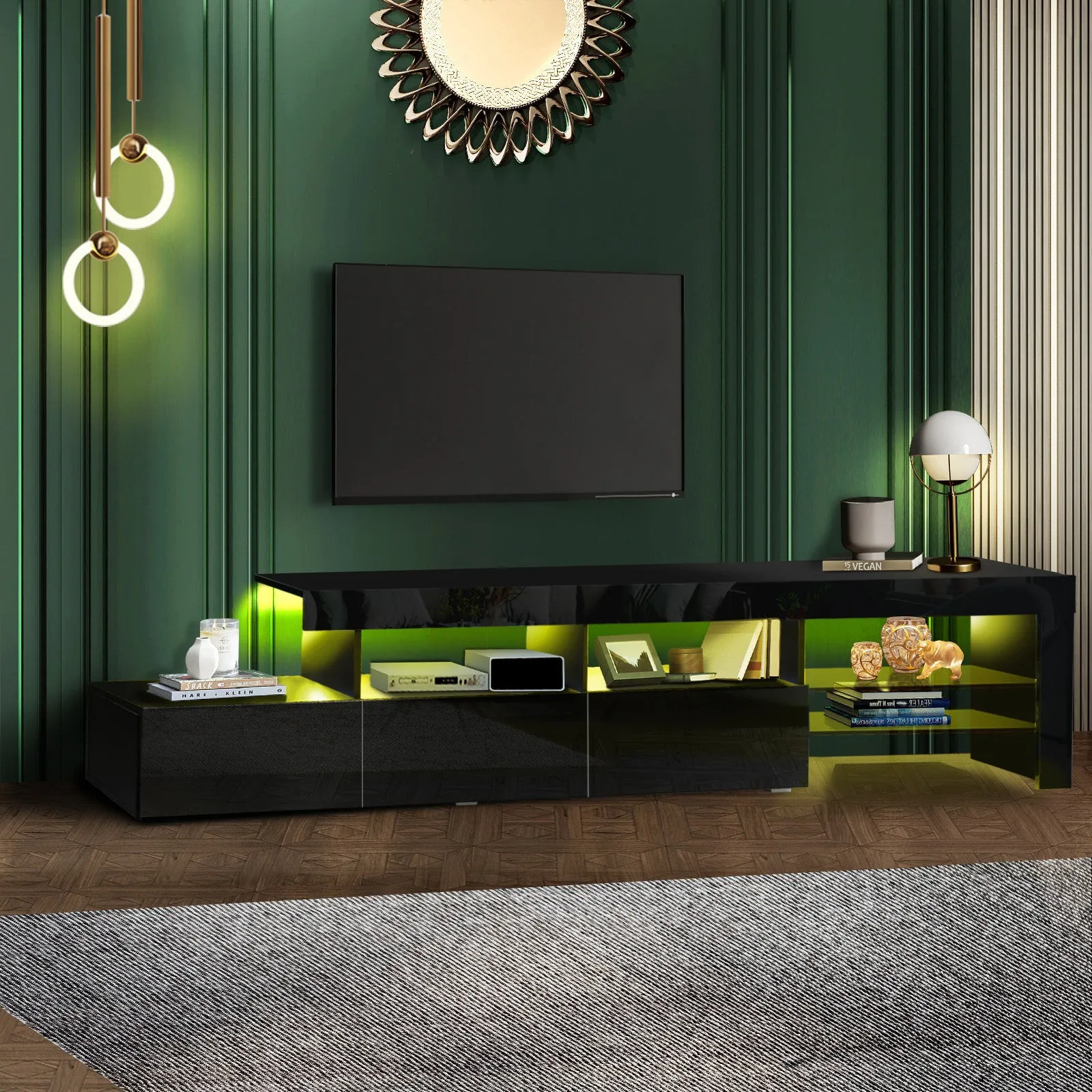 Oikiture TV Stand Cabinet LED Entertainment Unit Gloss Wooden 3 Drawers Black