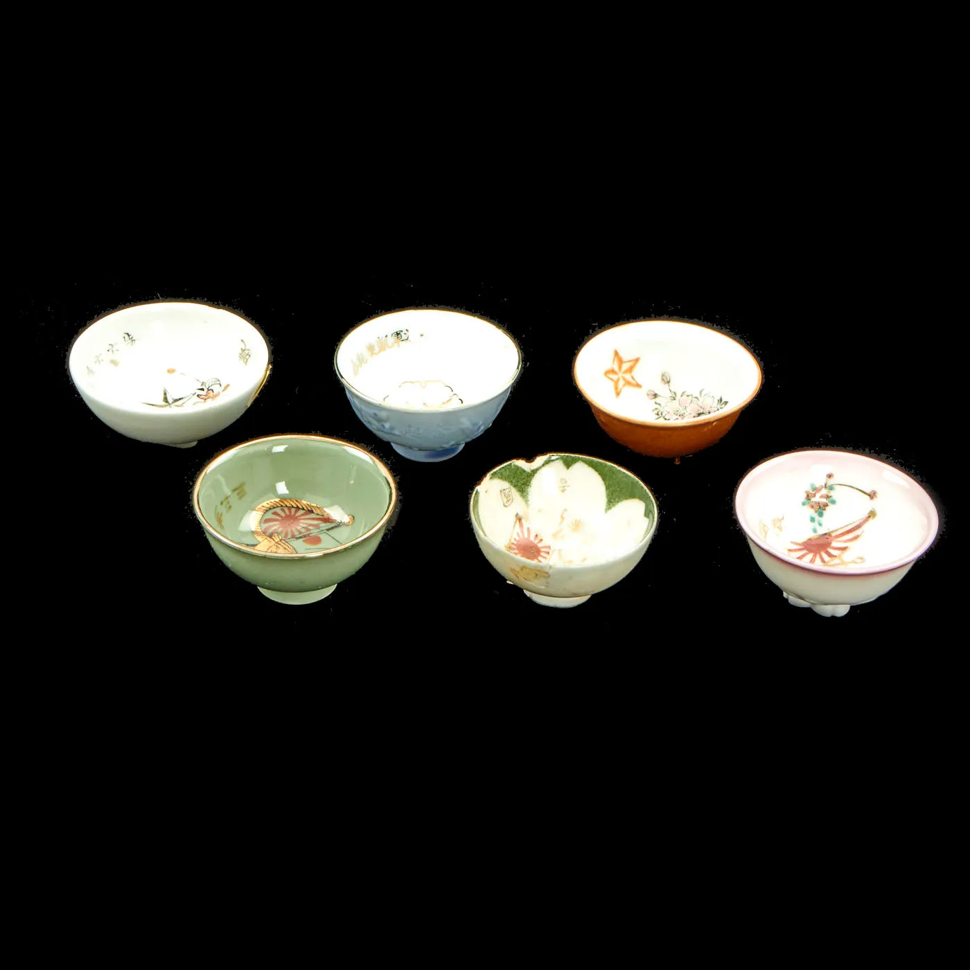 Original Japan WWII Imperial Japanese Sake Cup Lot Featuring Named Discharge Cup - 6 Items