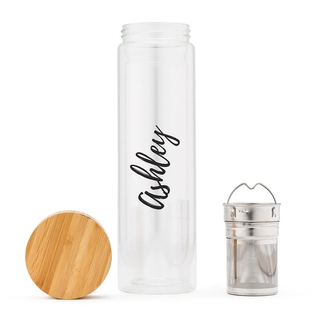 PERSONALIZED GLASS TEA INFUSER TRAVEL MUG - CALLIGRAPHY PRINT