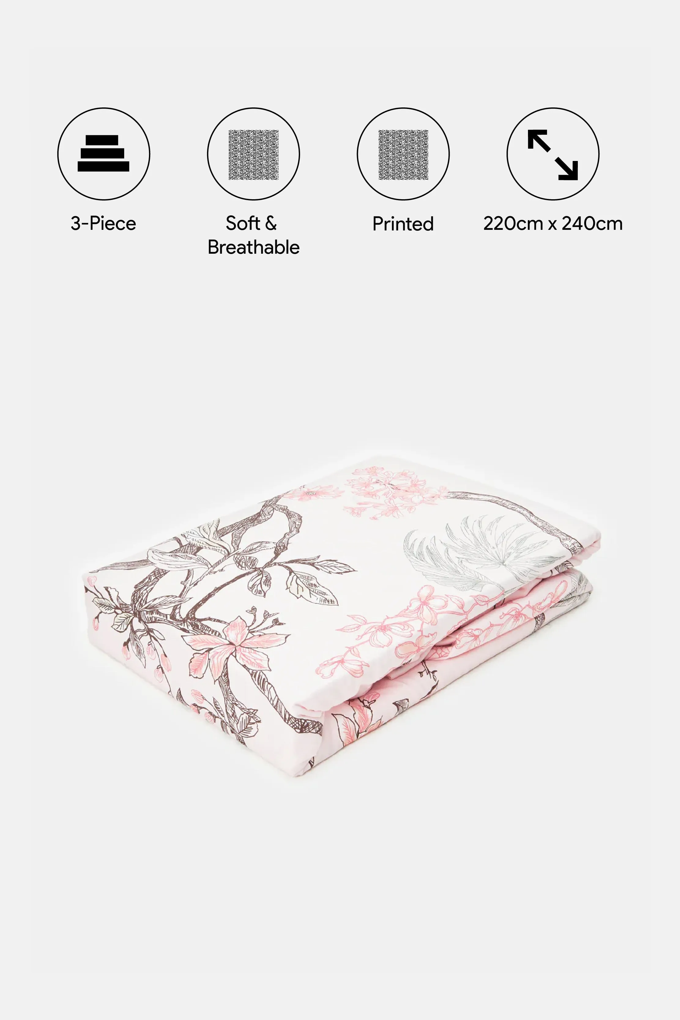 Pink 3 Piece Garden Printed Duvet Cover Set (Double Size)