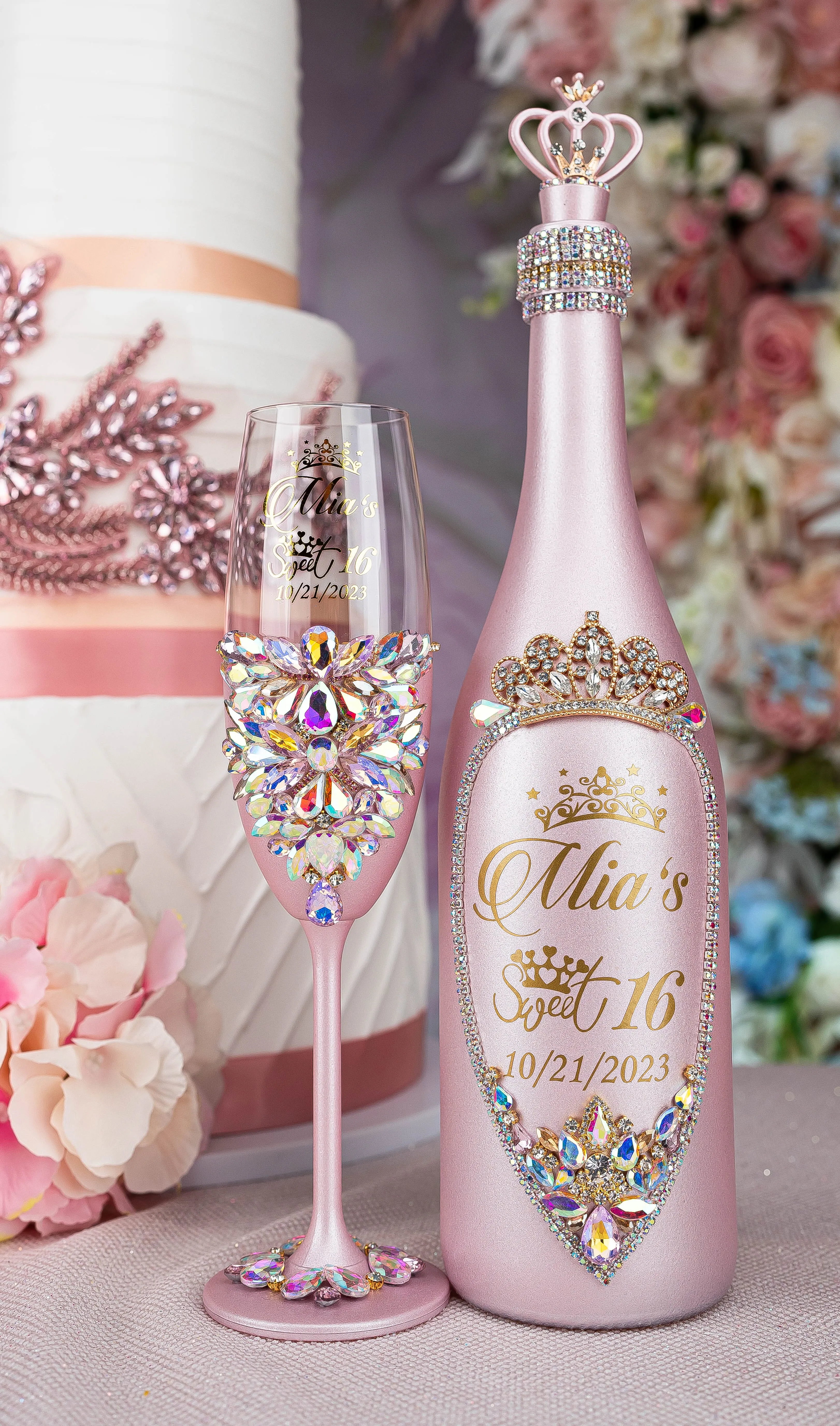 Pink Iridescent quinceanera bottle with 1 glass