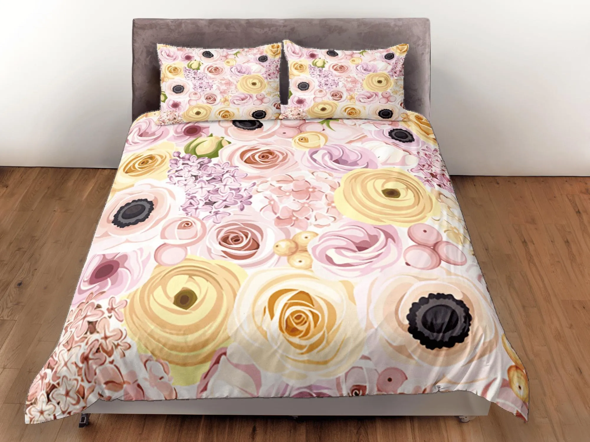 Pink Roses Beige Duvet Cover Set Colorful Bedspread, Floral Dorm Bedding Pillowcase