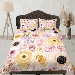 Pink Roses Beige Duvet Cover Set Colorful Bedspread, Floral Dorm Bedding Pillowcase