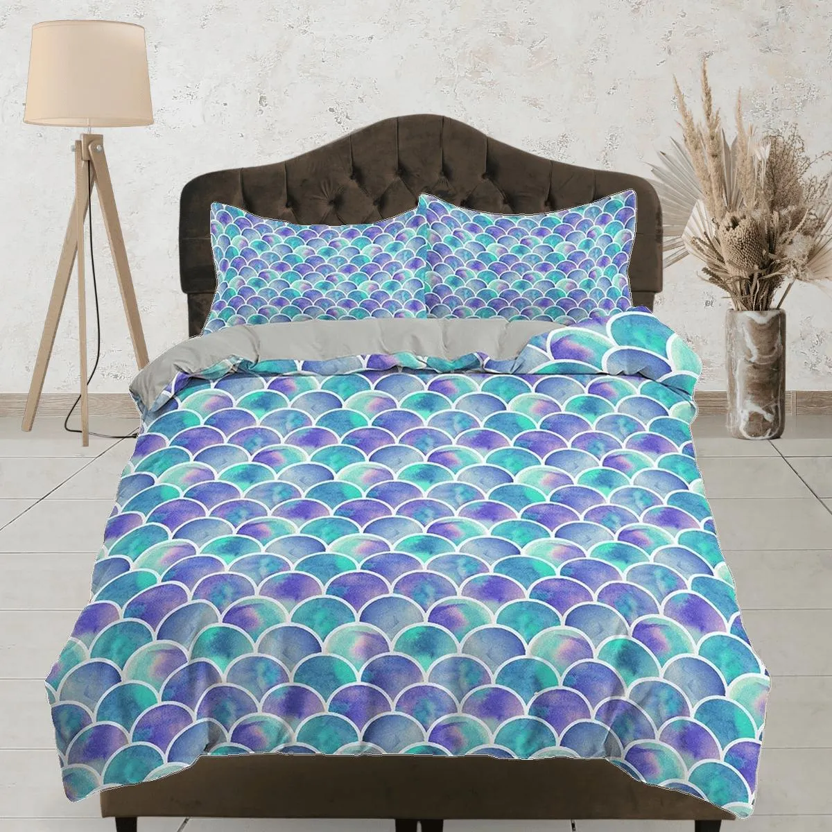 Purple green fish scales colorful toddler bedding, unique duvet cover kids, crib bedding, baby zipper bedding, king queen full twin