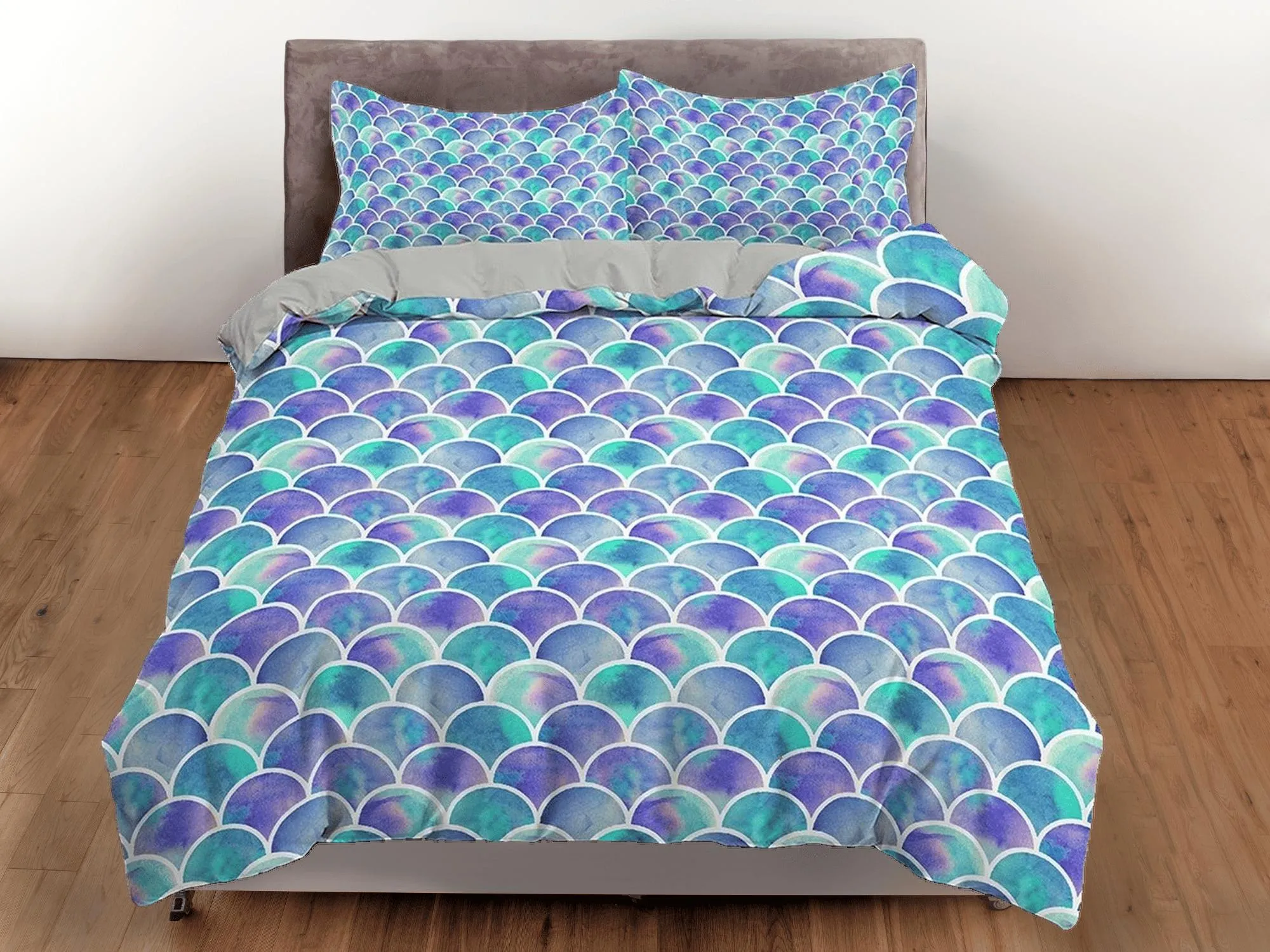 Purple green fish scales colorful toddler bedding, unique duvet cover kids, crib bedding, baby zipper bedding, king queen full twin