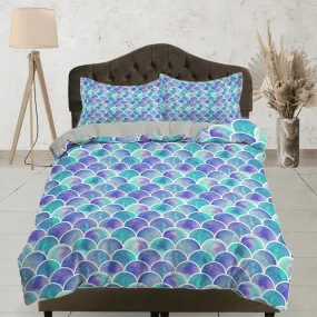 Purple green fish scales colorful toddler bedding, unique duvet cover kids, crib bedding, baby zipper bedding, king queen full twin