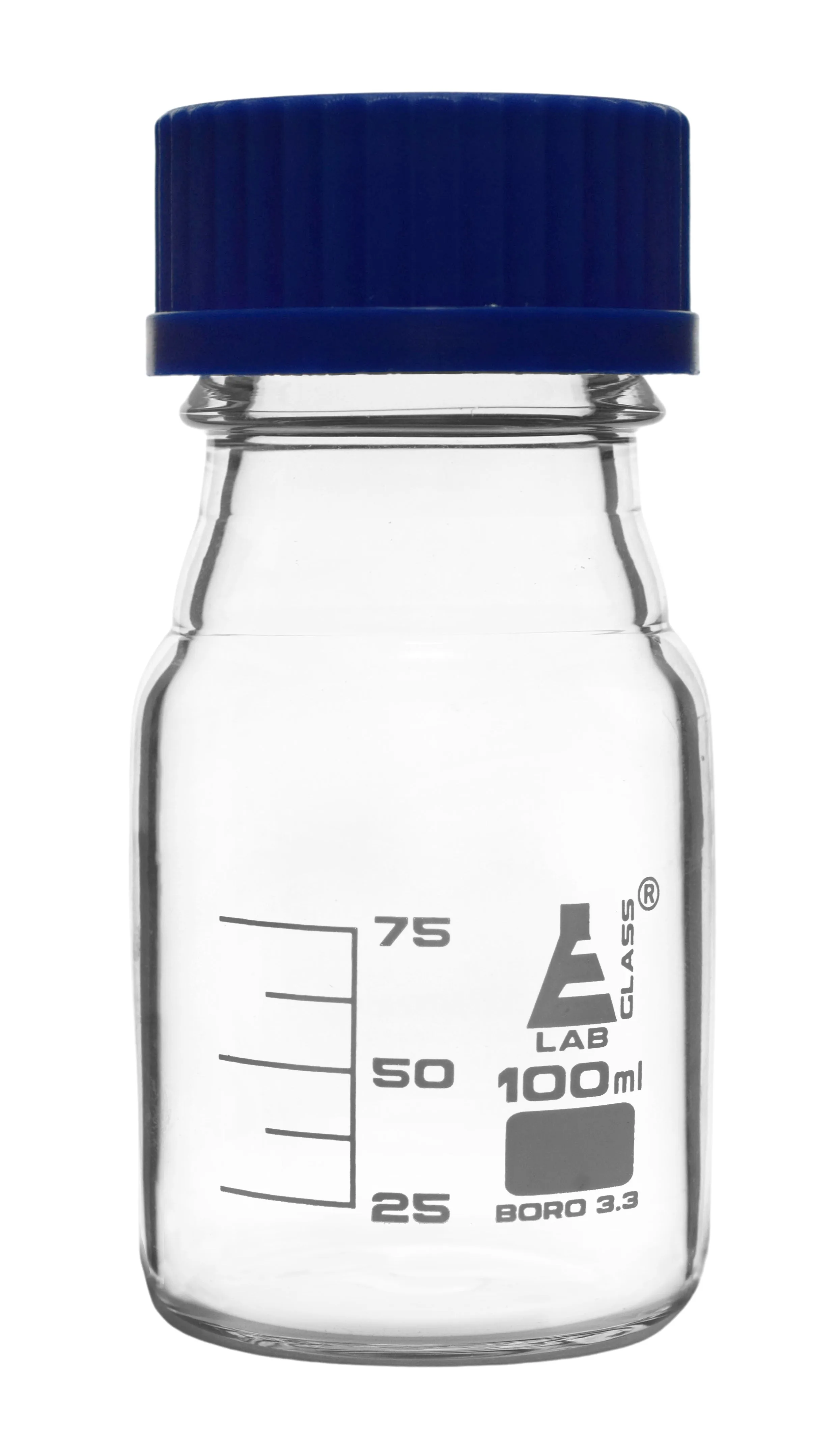 Reagent Bottle, 100ml - Transparent with Blue Screw Cap - White Graduations - Borosilicate 3.3 Glass - Eisco Labs