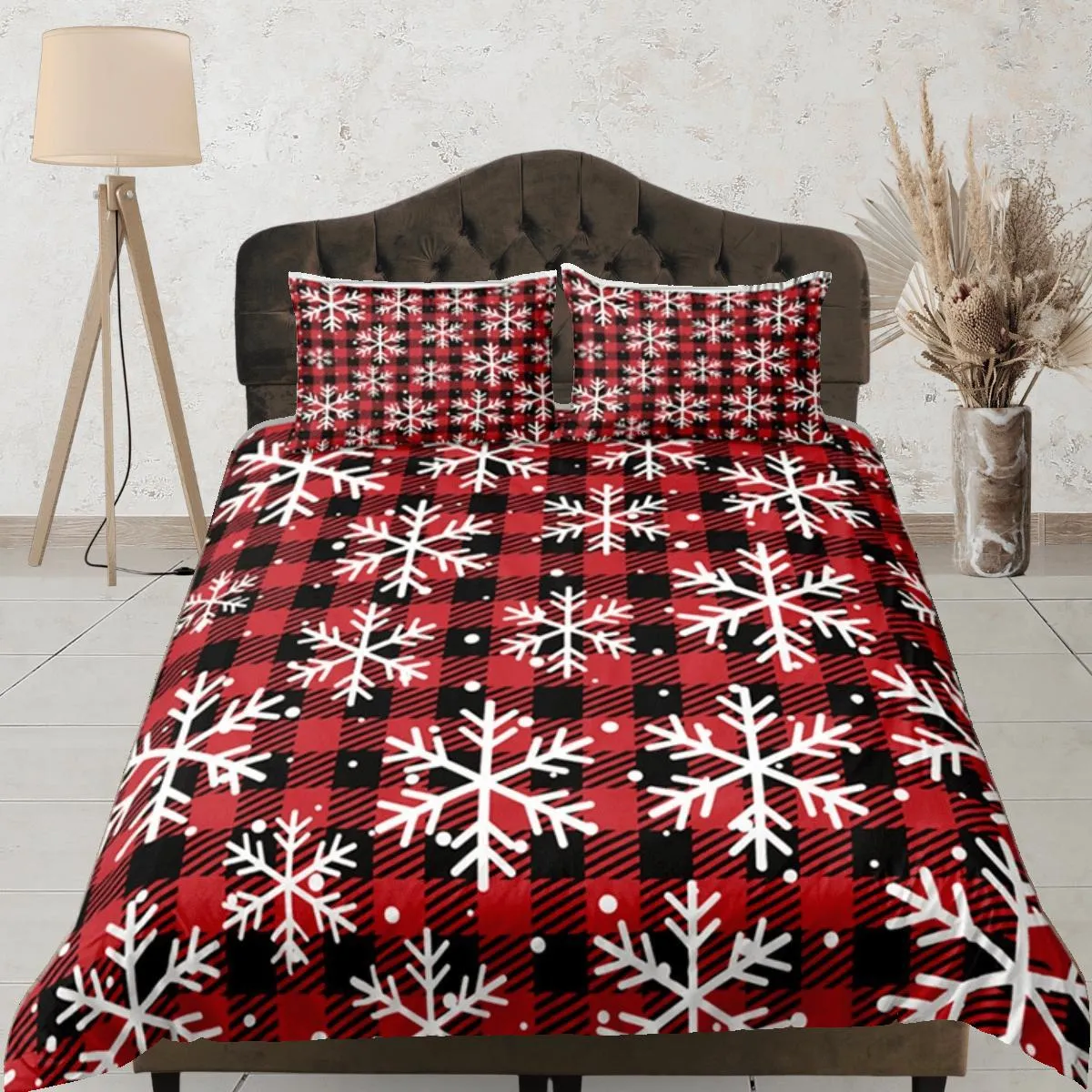 Red Check Christmas Duvet Cover Set Bedspread, Dorm Bedding with Pillowcase