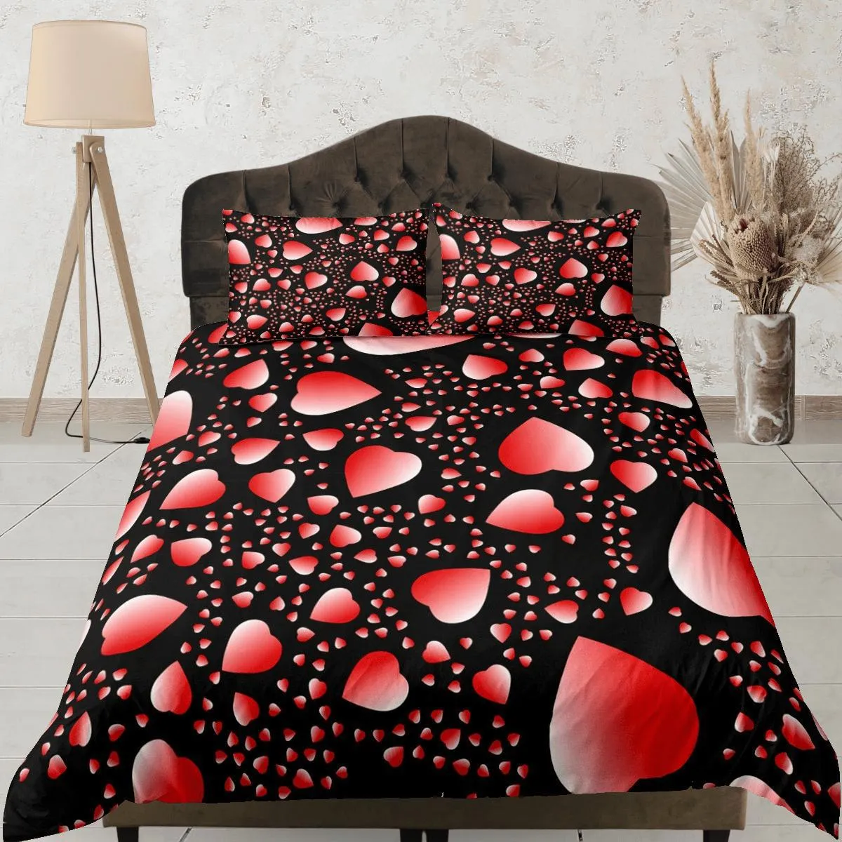 Red Hearts Duvet Cover Set Bedspread, Lovers Bedding Pillowcase Comforter Cover, Bedroom for Couples