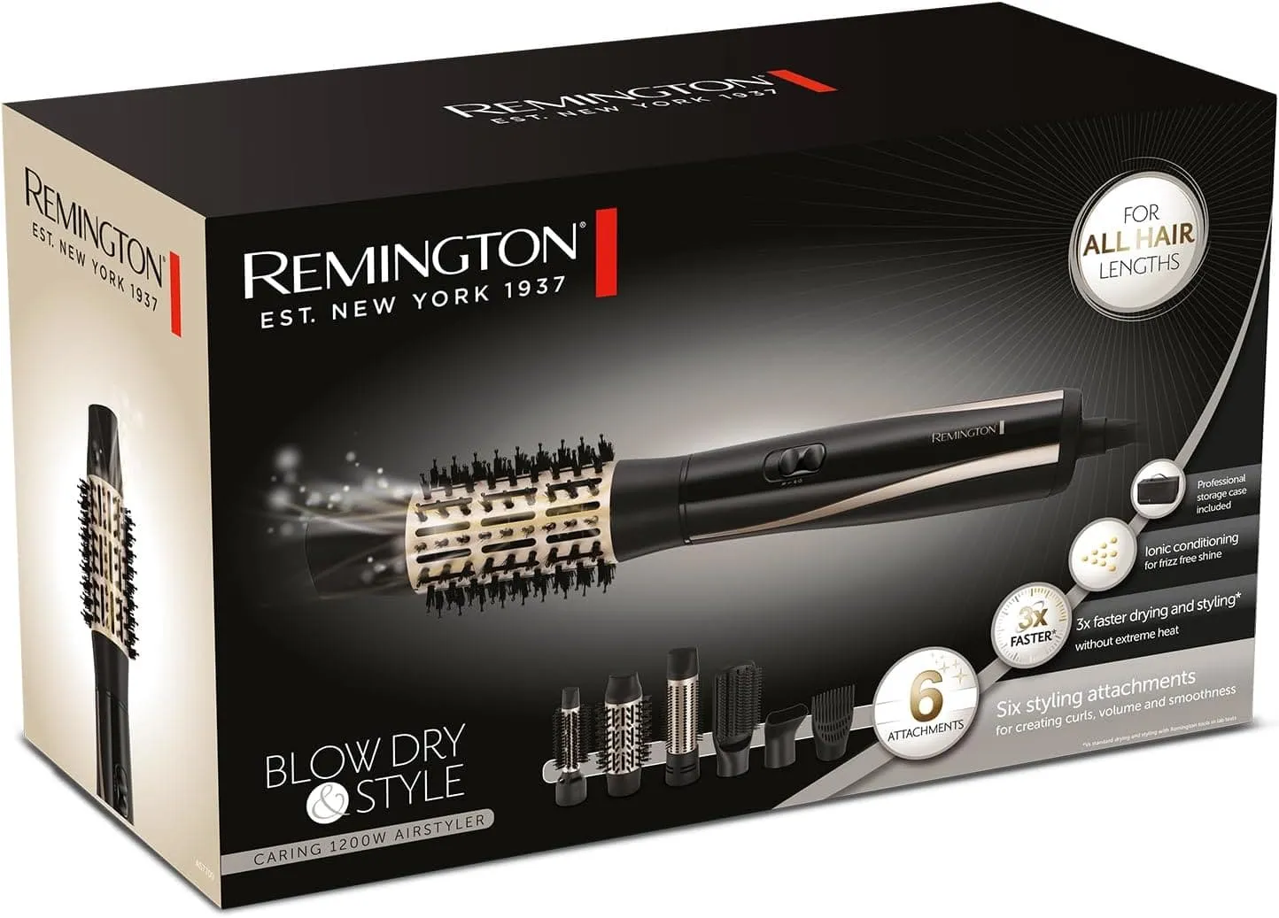 Remington Blow & Dry Caring Air Styler Hot Brush for all hair lengths, with 6 styling attachments - 25mm, 38mm & 50mm Round Brush, Concentrator, Paddle Brush & Root Boost, Storage pouch, 1200W, AS7700