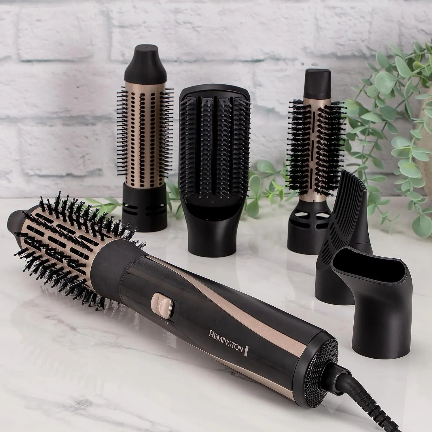 Remington Blow & Dry Caring Air Styler Hot Brush for all hair lengths, with 6 styling attachments - 25mm, 38mm & 50mm Round Brush, Concentrator, Paddle Brush & Root Boost, Storage pouch, 1200W, AS7700