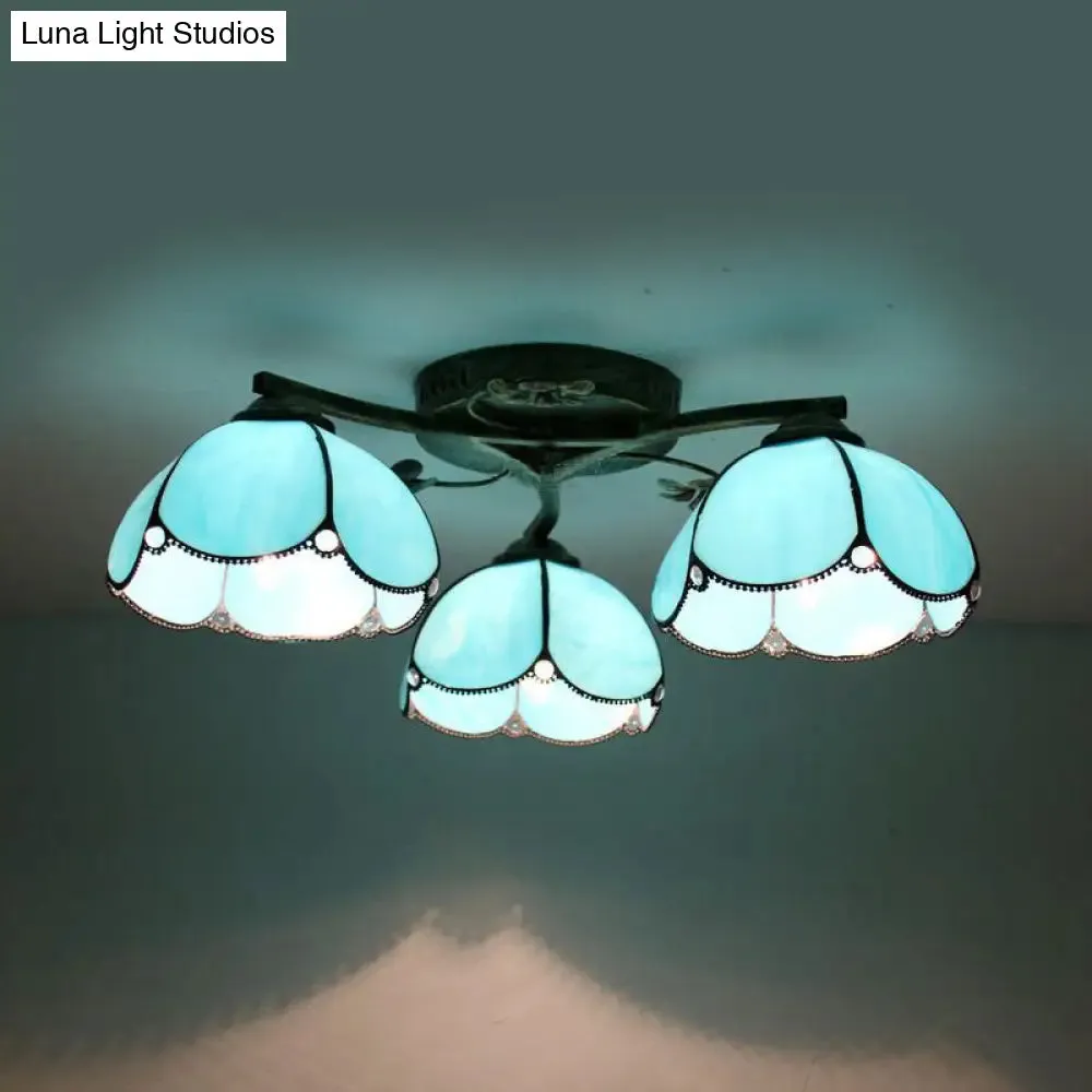 Rustic Dome Ceiling Fixture - Beige/Yellow-Blue/Clear/Blue Glass Flush Mount - 3 Lights - Living Room