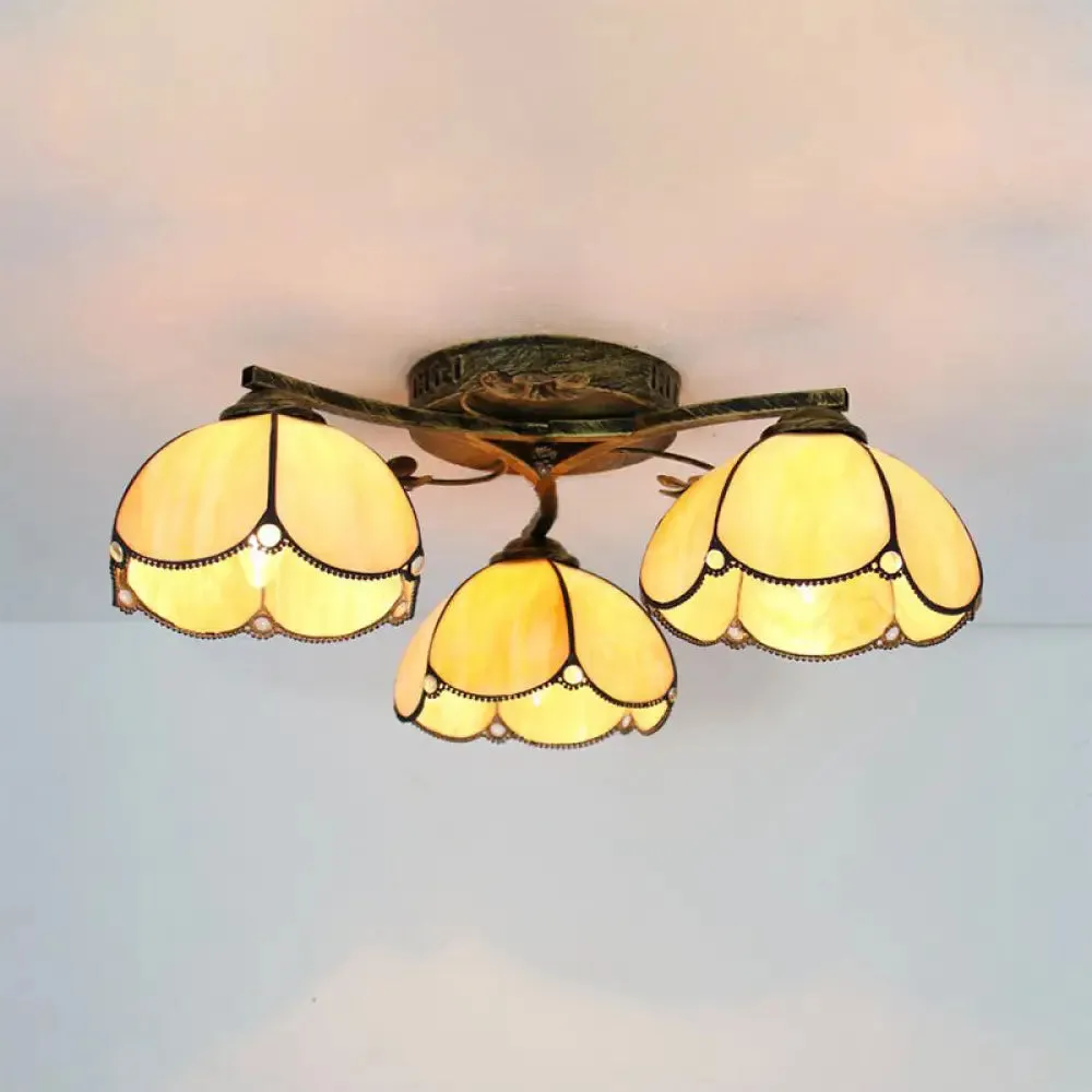 Rustic Dome Ceiling Fixture - Beige/Yellow-Blue/Clear/Blue Glass Flush Mount - 3 Lights - Living Room