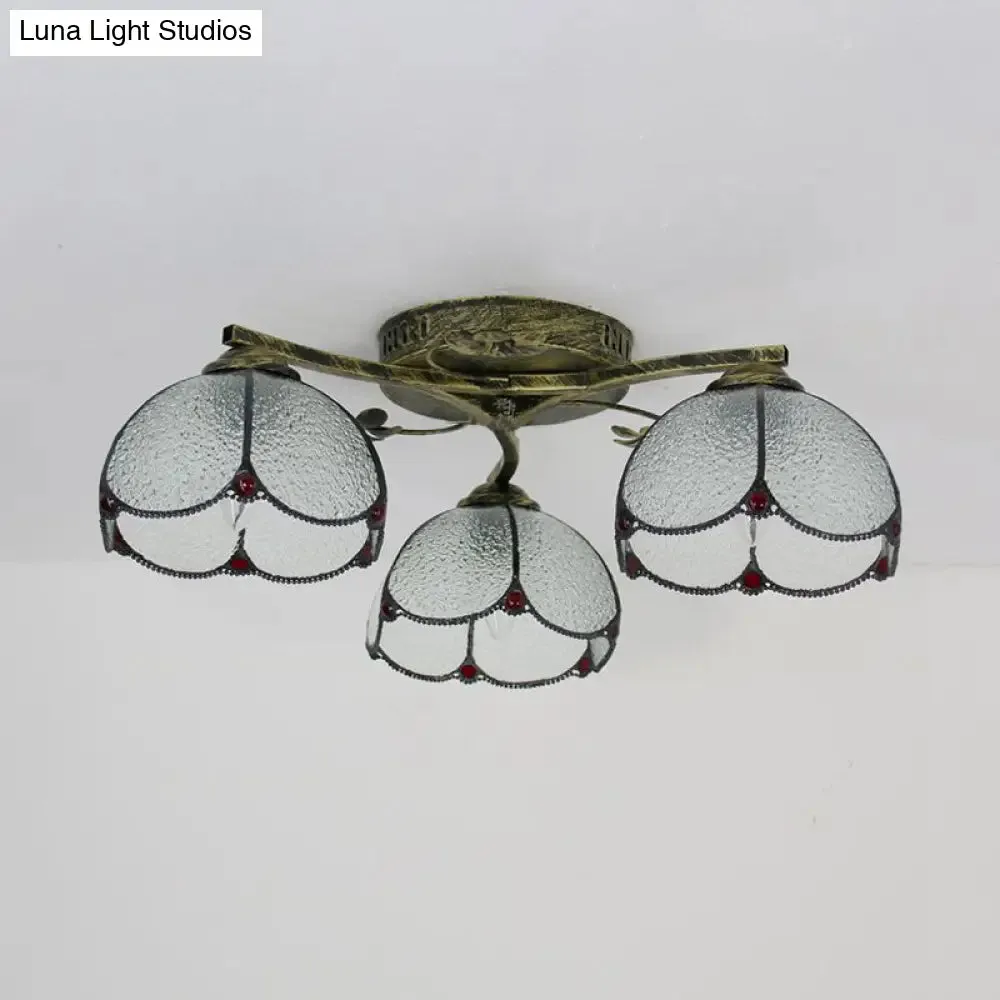 Rustic Dome Ceiling Fixture - Beige/Yellow-Blue/Clear/Blue Glass Flush Mount - 3 Lights - Living Room