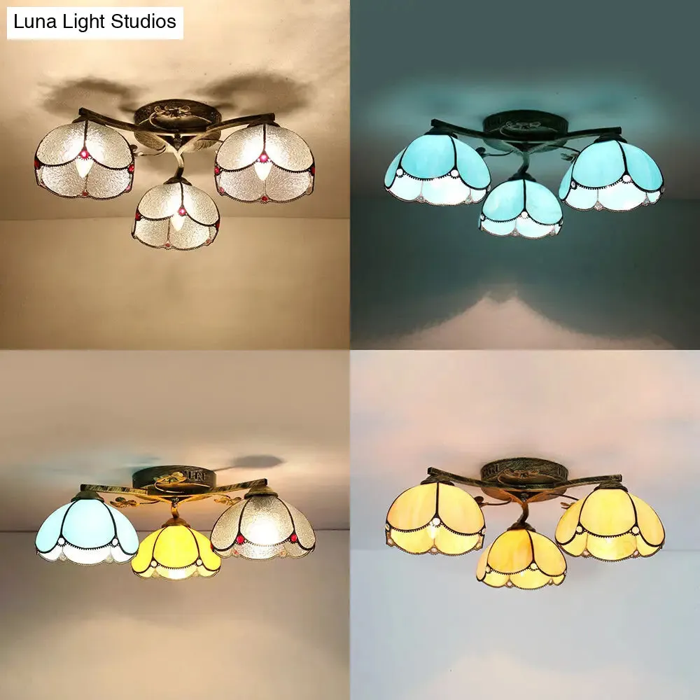 Rustic Dome Ceiling Fixture - Beige/Yellow-Blue/Clear/Blue Glass Flush Mount - 3 Lights - Living Room