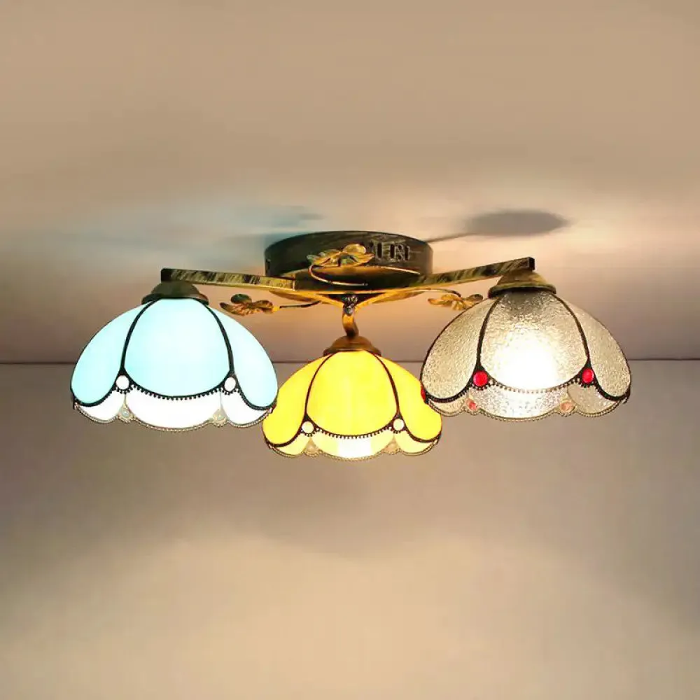 Rustic Dome Ceiling Fixture - Beige/Yellow-Blue/Clear/Blue Glass Flush Mount - 3 Lights - Living Room