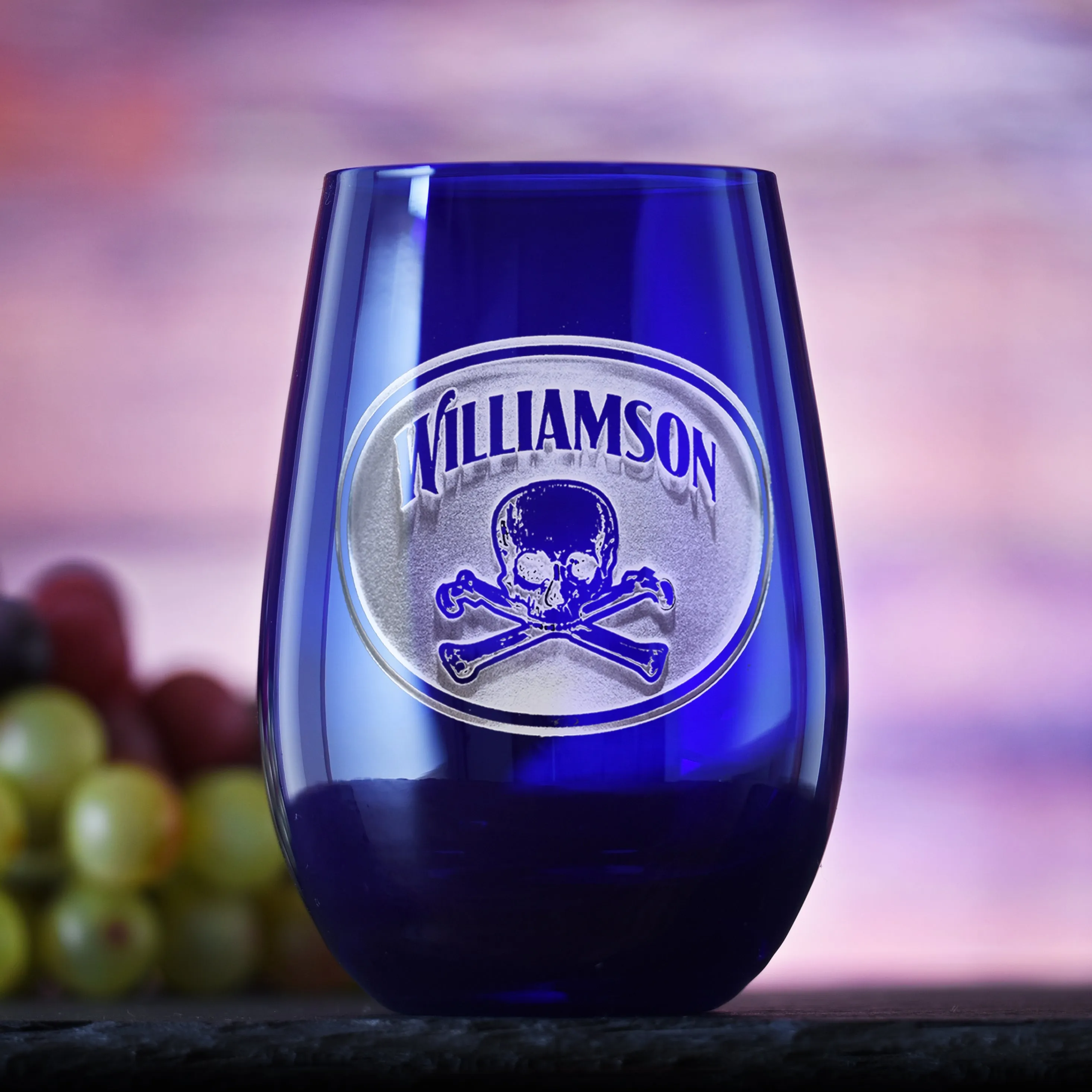 Skull and Bones Engraved Blue Stemless Wine Glass Tumbler | Crystal Imagery