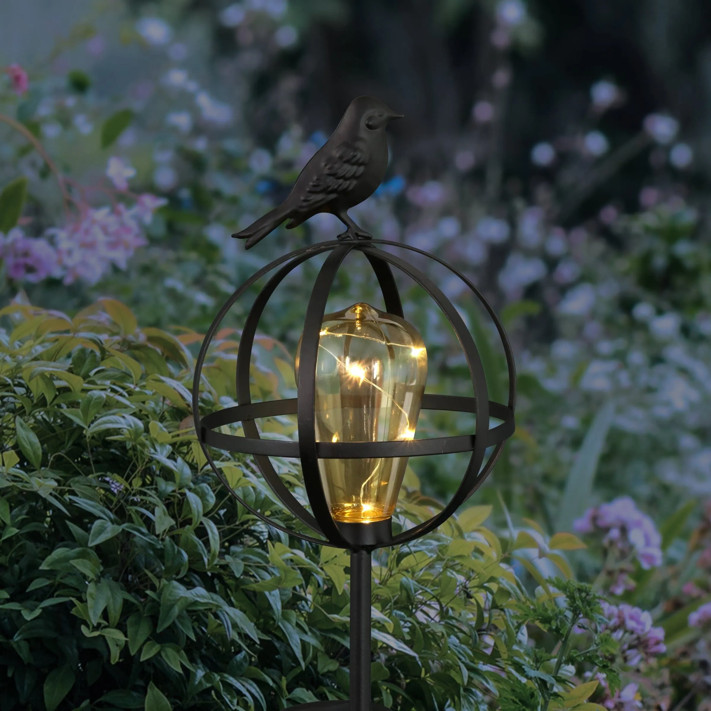 Solar Edison Bulb with LED String Lights in Metal Globe Garden Stake with Bird, 7 by 37 Inches