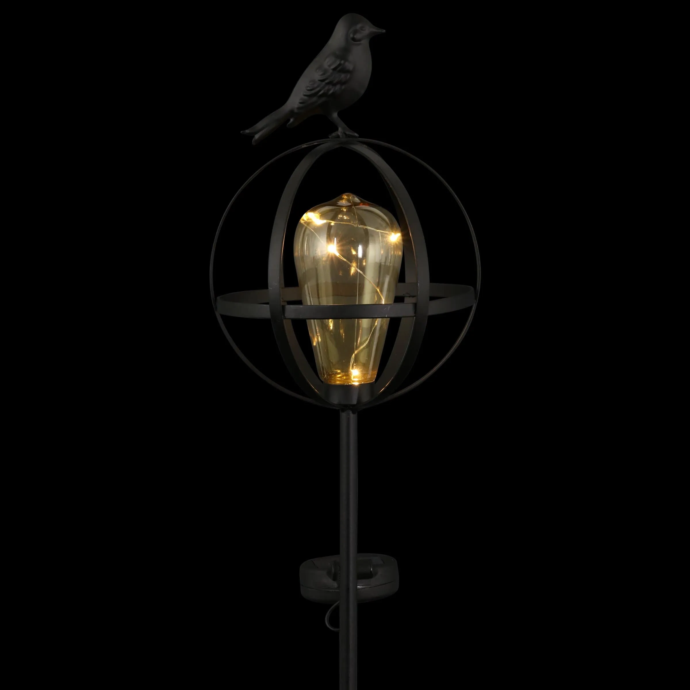 Solar Edison Bulb with LED String Lights in Metal Globe Garden Stake with Bird, 7 by 37 Inches