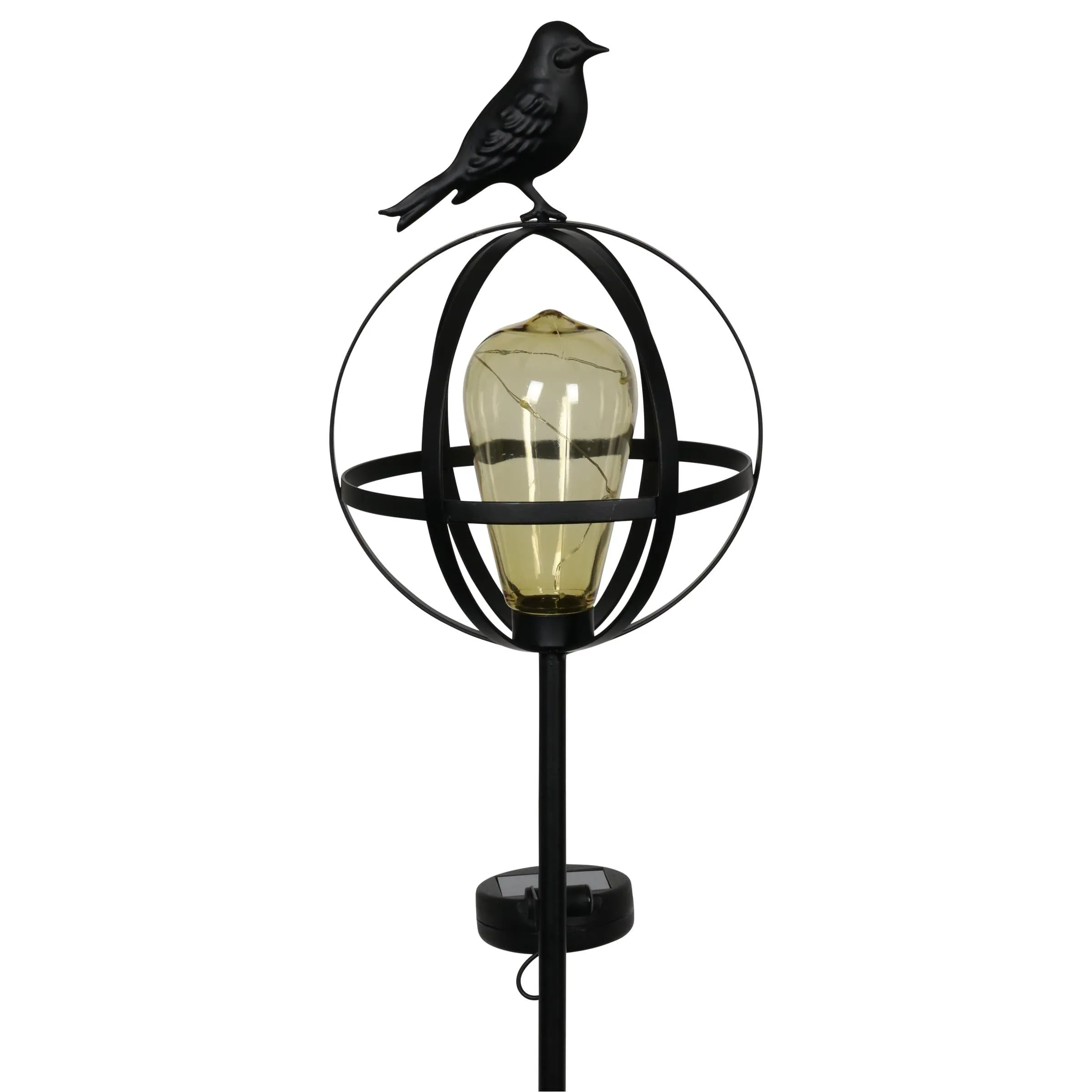 Solar Edison Bulb with LED String Lights in Metal Globe Garden Stake with Bird, 7 by 37 Inches