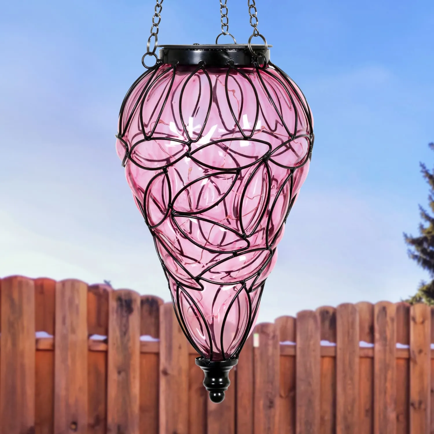 Solar Tear Shaped Lavender Hand Blown Glass Hanging Lantern with Fifteen Cool White LED lights, 7 by 24 Inches