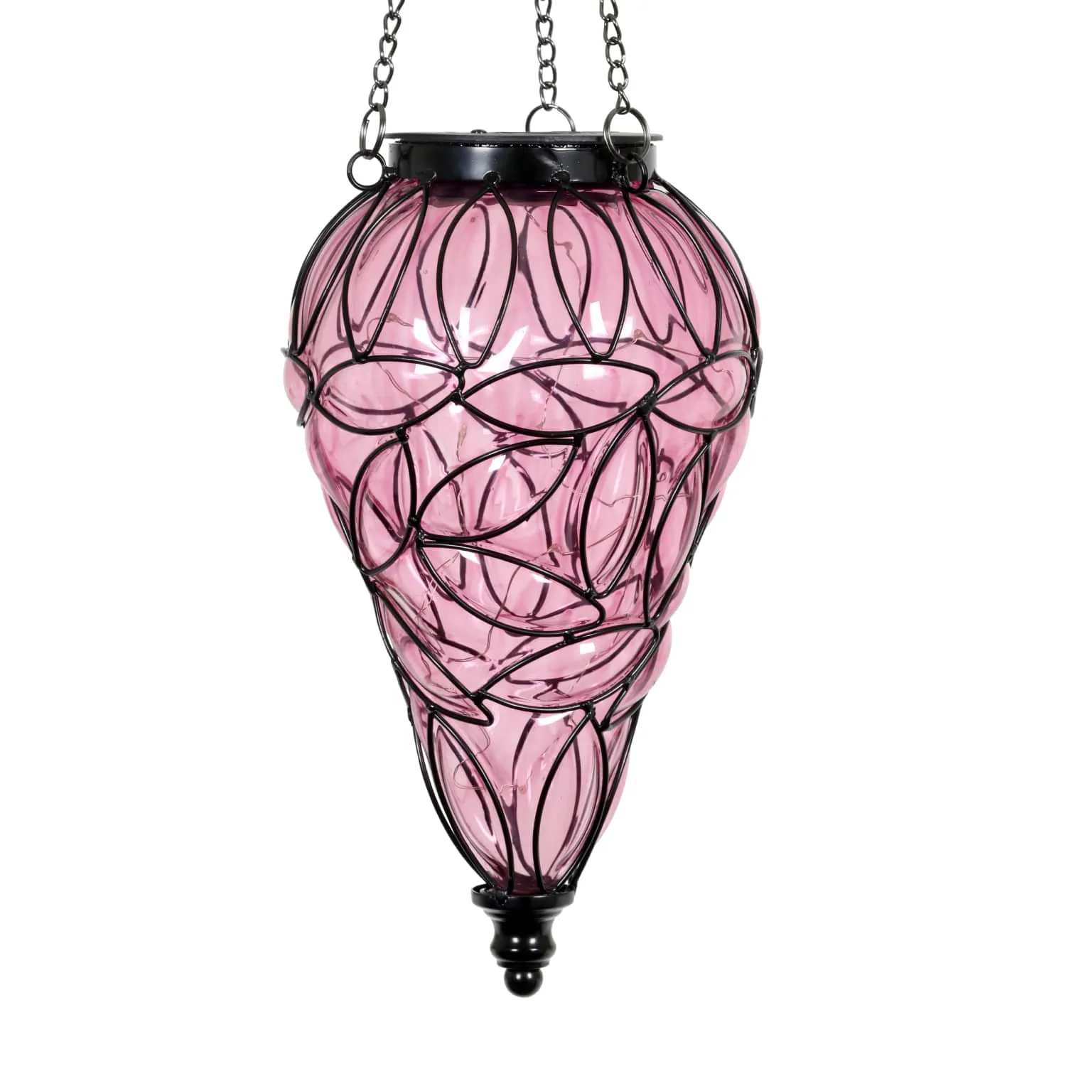 Solar Tear Shaped Lavender Hand Blown Glass Hanging Lantern with Fifteen Cool White LED lights, 7 by 24 Inches