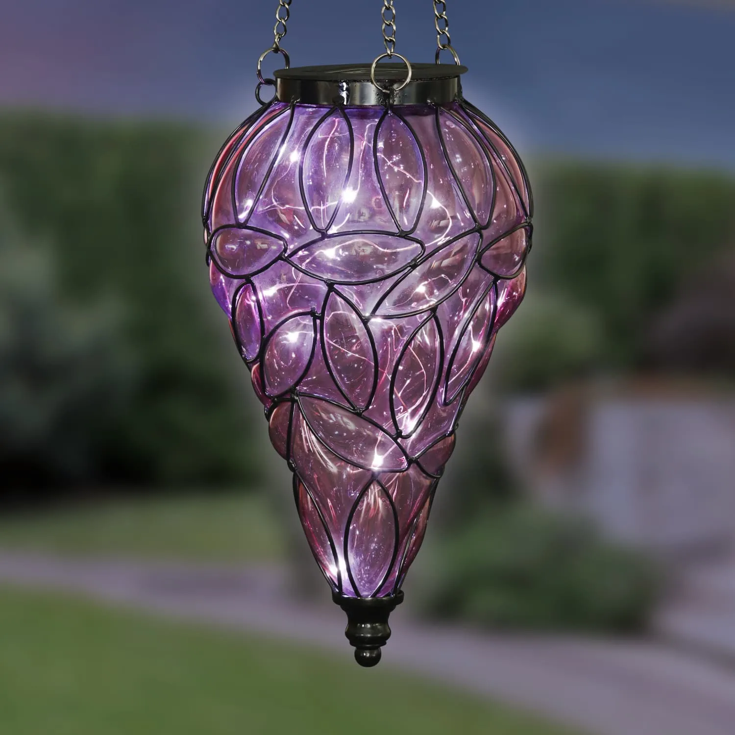 Solar Tear Shaped Lavender Hand Blown Glass Hanging Lantern with Fifteen Cool White LED lights, 7 by 24 Inches