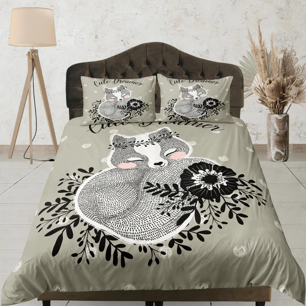 Squirrel Duvet Cover Set Cute Bedspread, Ash Green Dorm Bedding with Pillowcase