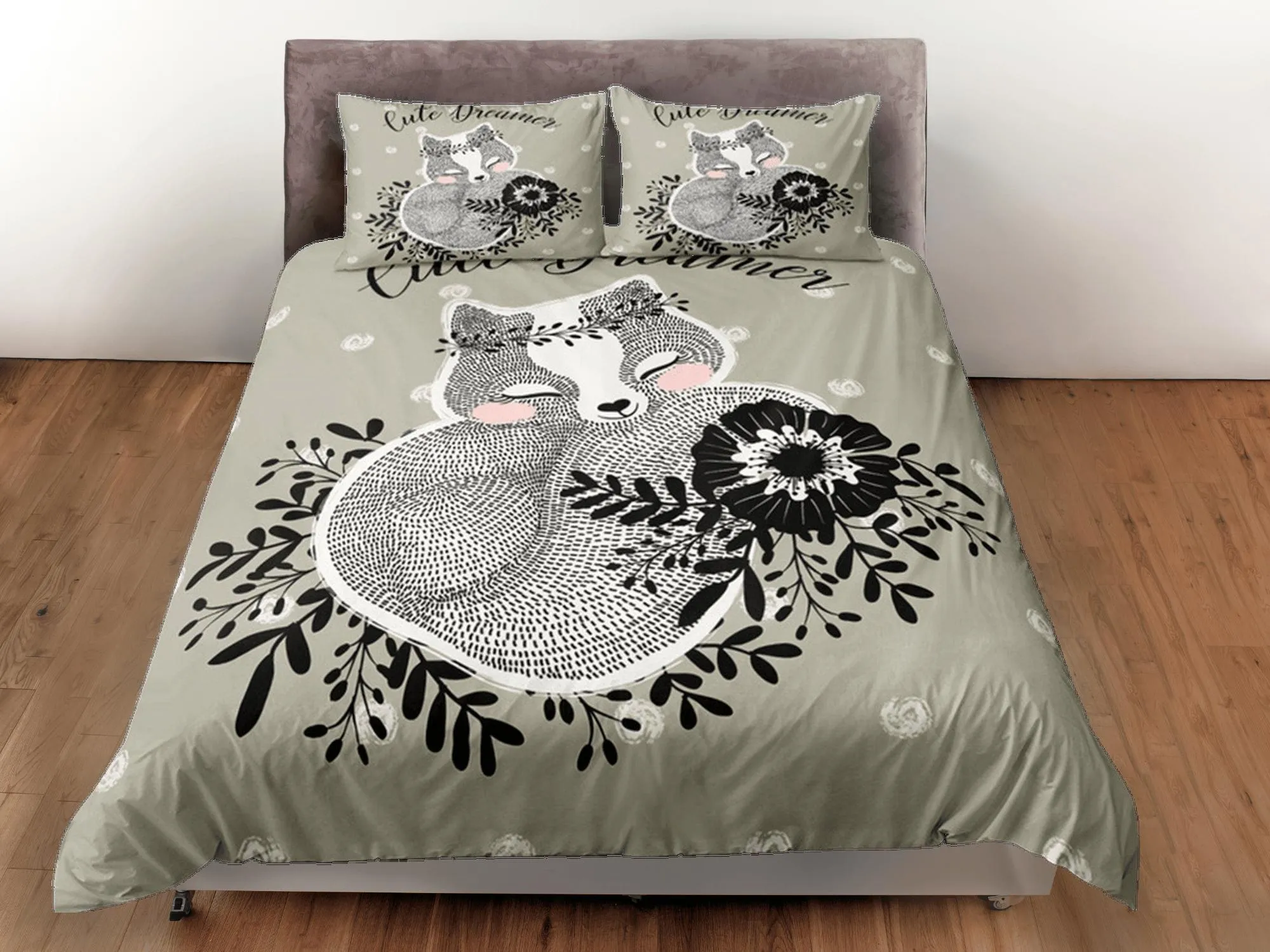 Squirrel Duvet Cover Set Cute Bedspread, Ash Green Dorm Bedding with Pillowcase