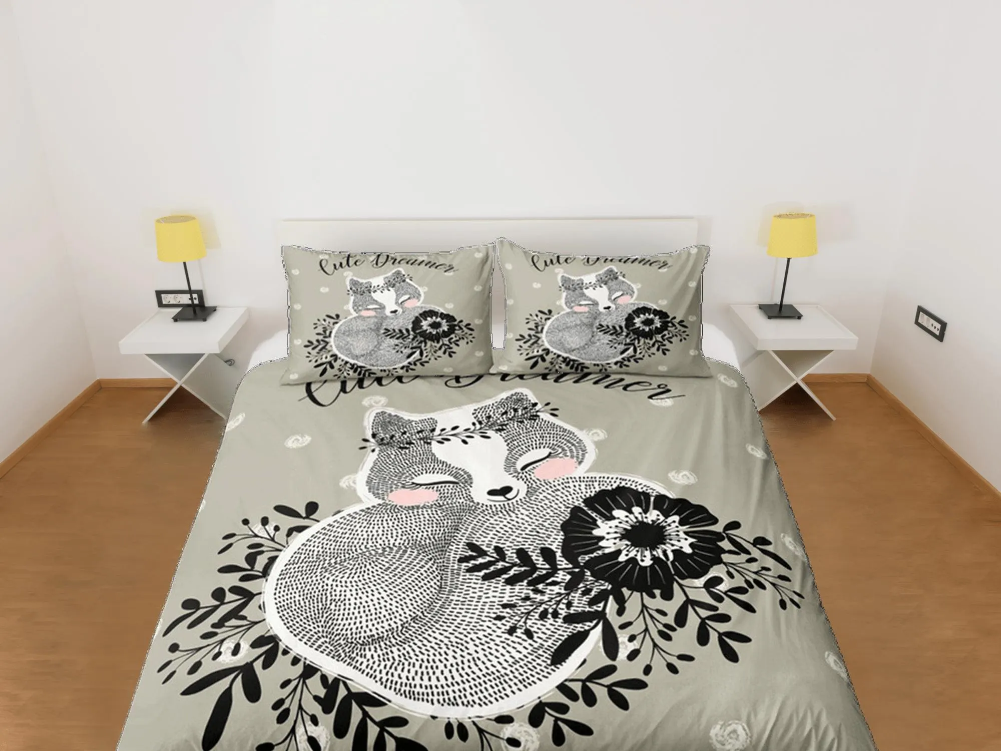 Squirrel Duvet Cover Set Cute Bedspread, Ash Green Dorm Bedding with Pillowcase