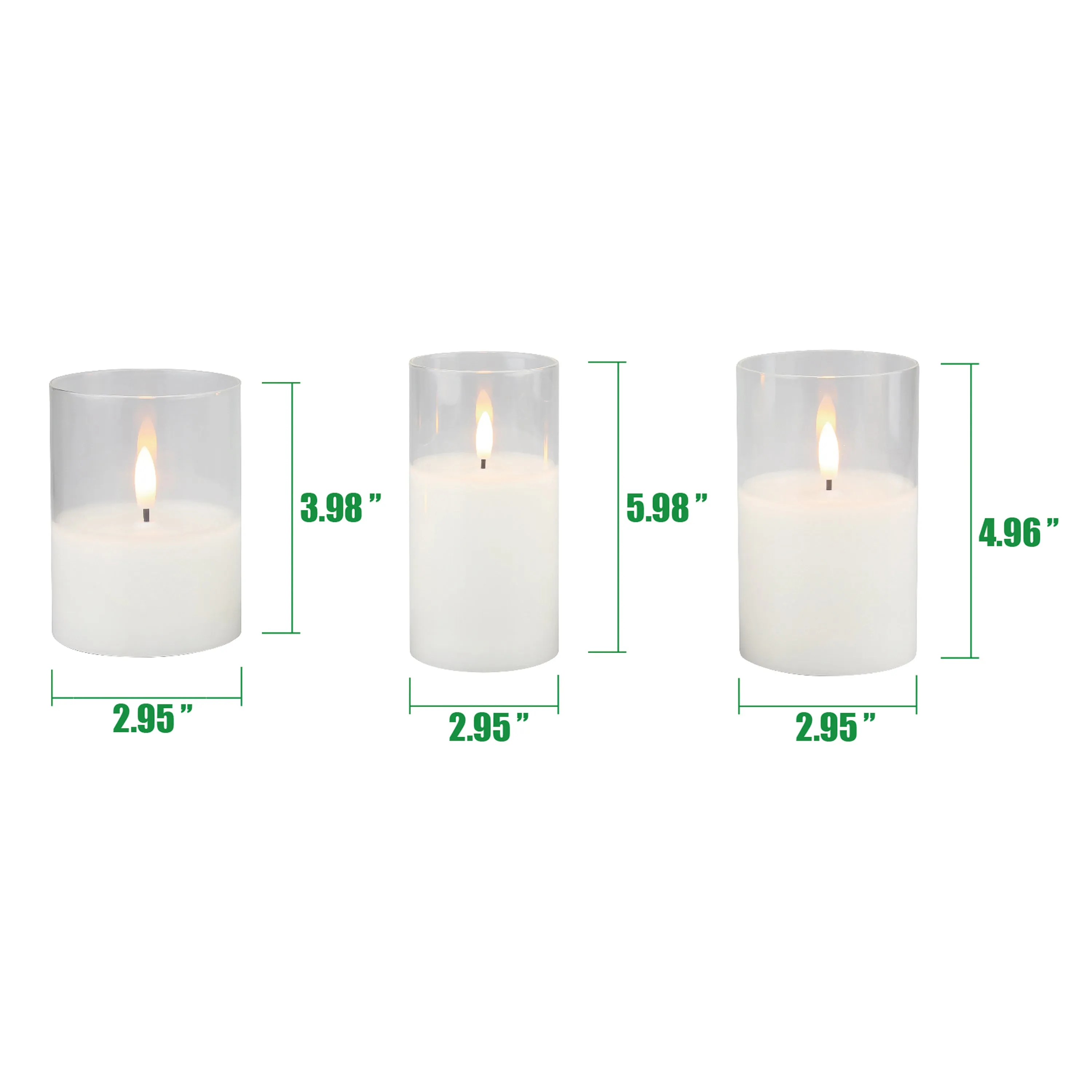 Stonebriar 3 Pack Real Wax Assorted Size Flameless LED Pillar Candles in Clear Glass Hurricane Candle Holder with Remote and Timer